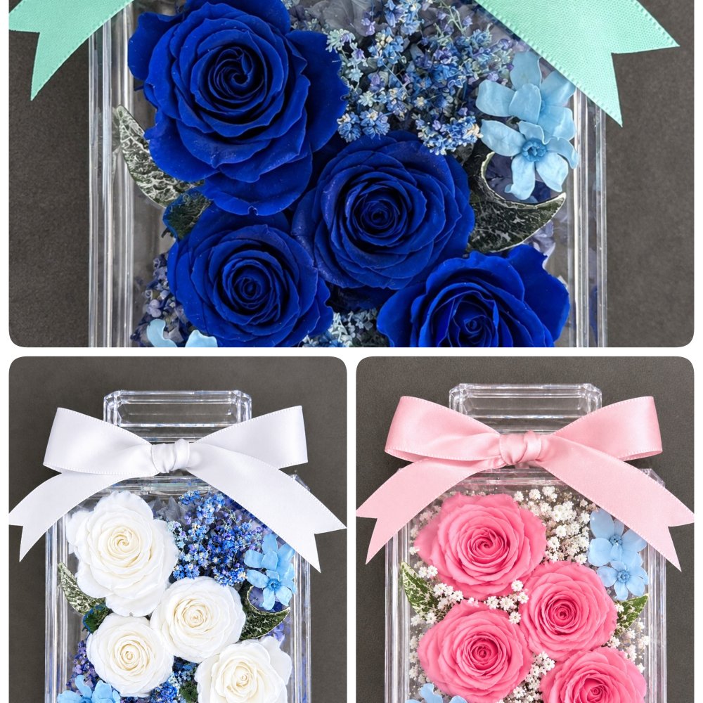 プリザーブドフラワー／青い薔薇と小花の香水瓶ギフト(ピンクと白い薔薇のカラーバリエーションあり)