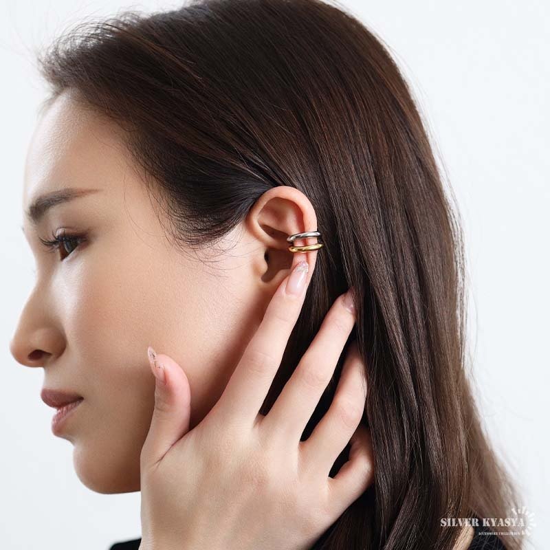 ステンレス 2連イヤーカフ シンプル ライン メタルイヤーカフ 重ね付け風 ゴールド 18KGP ミックス 片耳1点 可愛い プチプラ 耳の穴不要 痛くない レディース 女性 金属アレルギー対応フェイクピアス ノンホール イヤリング