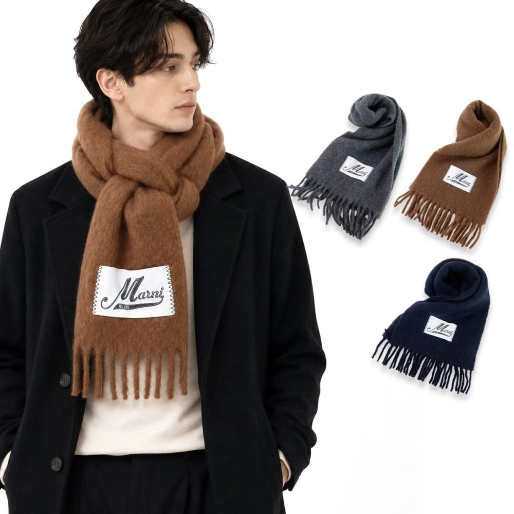 選べる3色 マルニ MARNI マフラー メンズ ASZC0005A0 UTW918 アルパカ ストール スカーフ フリンジ ロゴ ネイビー ブラウン グレー 防寒 秋冬 ブランド プレゼント ギフト