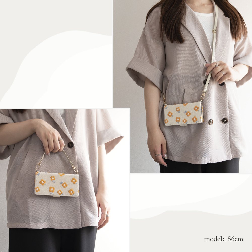 多機種対応 スマホケース 手帳型 【 オレンジ レトロフラワー 刺繍 】 スマホショルダー サイドマグネット ニュアンスカラー