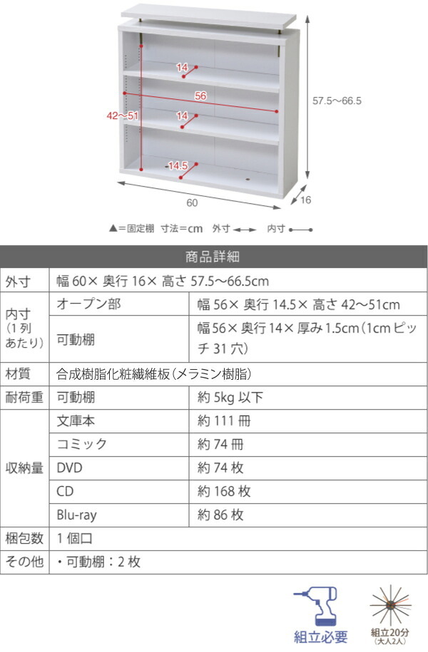 ラック 1cmピッチ 薄型 大容量 文庫本 上置き 幅60 本棚 壁面収納 突っ張り 木製 コミック 本収納 ぶんこ本 マンガ CD ブルーレイ 新生活