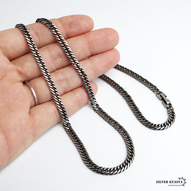 ステンレス 定番 ダブル喜平ネックレス 幅5mm 細身 チェーンネックレス メンズネックレス 6面カット 燻し アンティークシルバー 45cm 50cm 60cm 細め シンプル 王道 中折れ式 存在感 男性 金属アレルギー対応