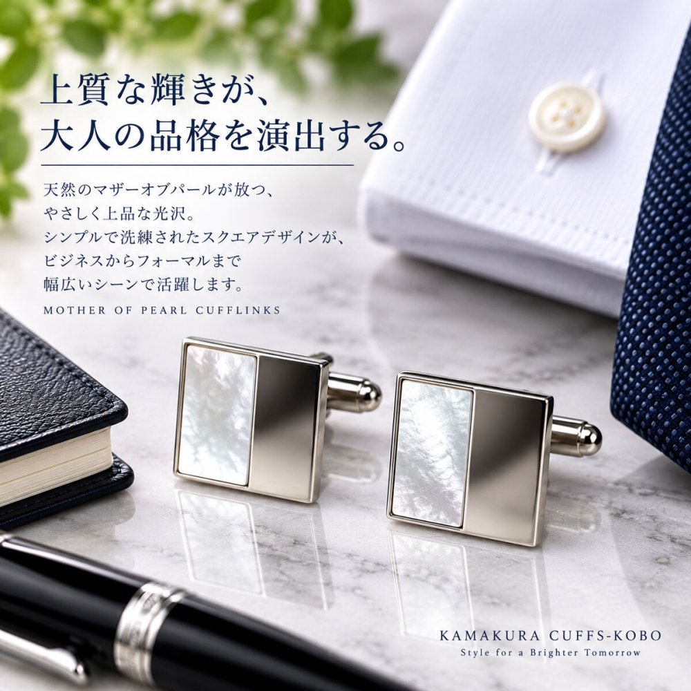 鎌倉カフス工房 ハーフMOP カフスボタン cf592 マザーオブパール スクエア シルバー カフリンクス メンズ ビジネス 結婚式 フォーマル プレゼント ギフト