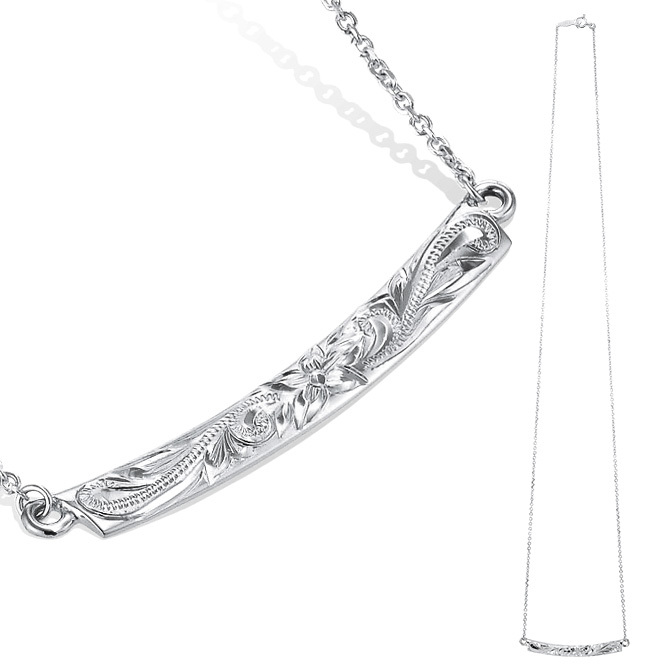 ゴールド ネックレス ハワイアンジュエリー ネックレス ホワイトゴールド ネックレス 刻印 無料 誕生石入れ可 ウェーブバー カーブ 14K K14ホワイトゴールド 14k k14カットあずきチェーン太0.9mm ギフトラッピング可能 プレゼント ハロウィン 【品番：CG-GP124W】