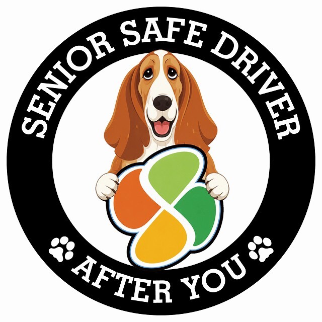 カーサイン 高齢者マーク SENIOR SAFE DRIVER バセットハウンド ステッカー シール 直径13cm 肉球 日本製 車