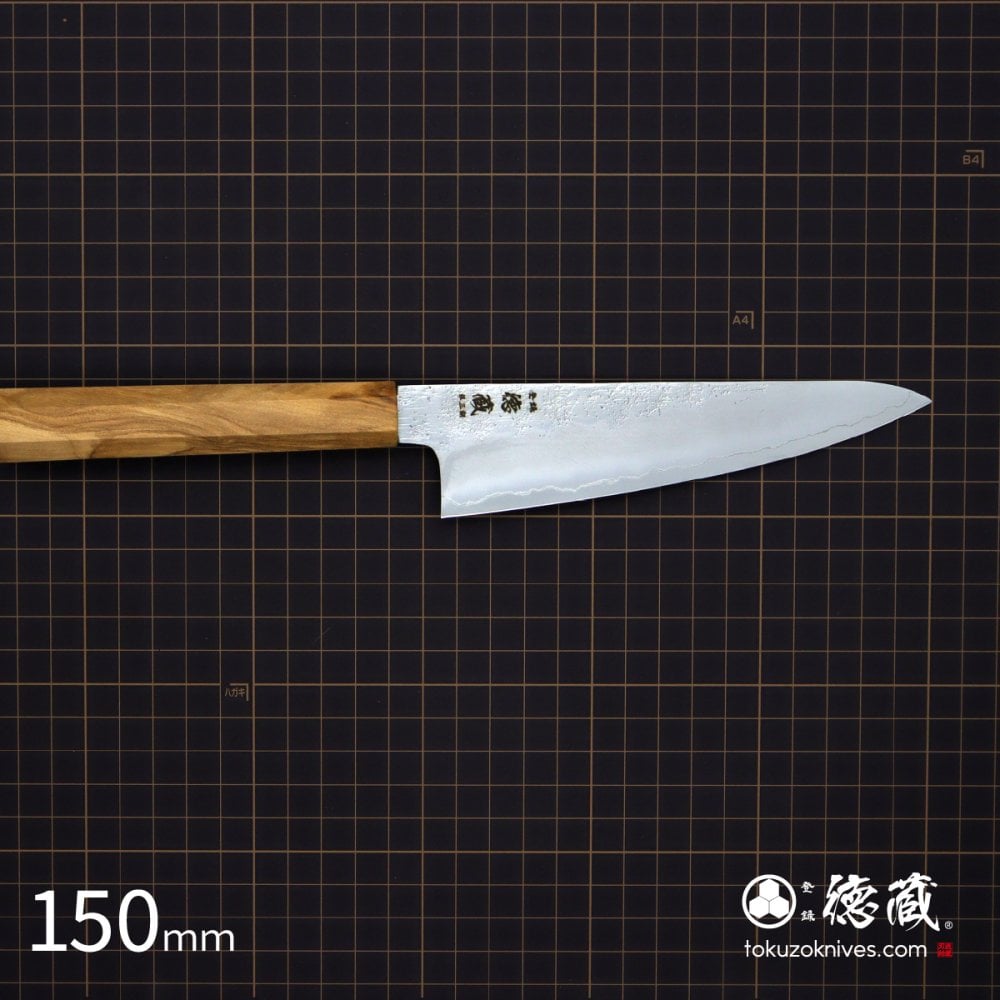 小三徳ステンレス包丁　150mm 銀三 梨地仕上げ オリーブ八角柄 日本製 徳蔵刃物 【TOKUZO KNIVES】 JAPAN Kitchen Knives 包丁 ほうちょう ホウチョウ 切れ味 家庭用 万能 両刃 お手入れ簡単 錆に強い プレゼント ギフト 贈り物 一生モノ ステンレス INOX・イノックス