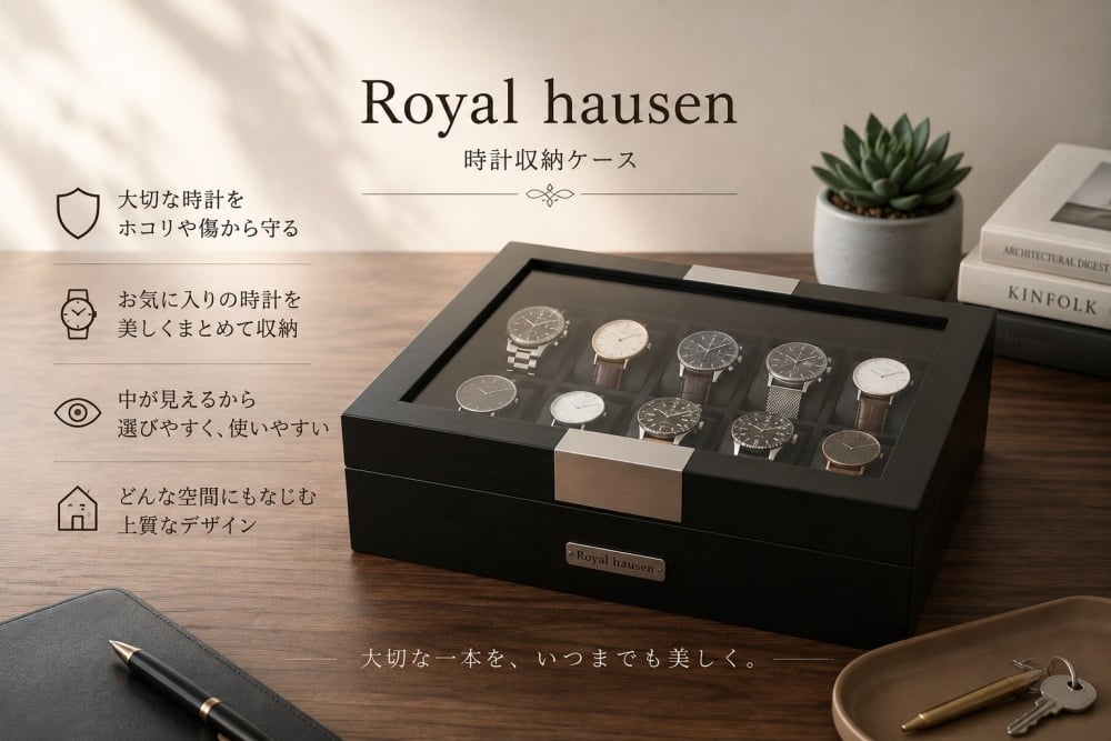 正規品 ロイヤルハウゼン 腕時計 収納ケース 5本 牛革 時計ケース ウォッチケース コレクションケース 鍵付き ブラック メンズ レディース Royal hausen 成人 卒業 入学