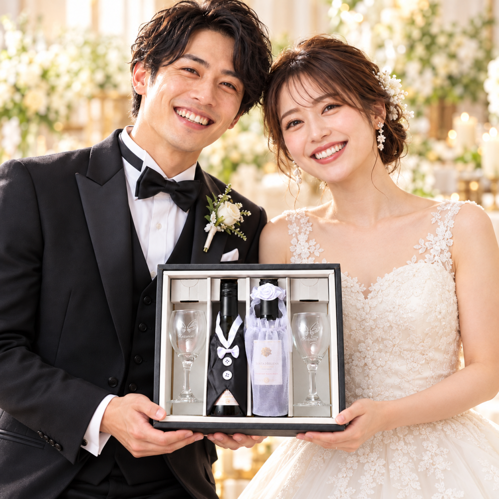 名入れ SXX ウエディングギフト ペア酒セット 新郎新婦洋装ハーフボトル 赤ワイン・白ワイン & おまかせミニワイングラス 2点 ギフトBOX入り / プレゼント ギフト 夫婦 結婚 新婚 記念 祝い パーティー 紅白