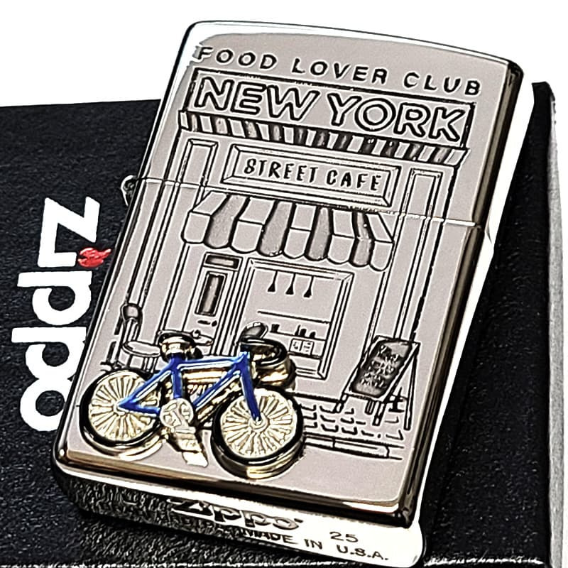 ZIPPO ニューヨーク 自転車 ジッポ ライター かわいい ブルー 重厚立体メタル 両面加工 シルバー おしゃれ 女性 NEW YORK アメリカ FOOD LOVER CLUB おしゃれ 銀 彫刻 レディース ギフト メンズ プレゼント