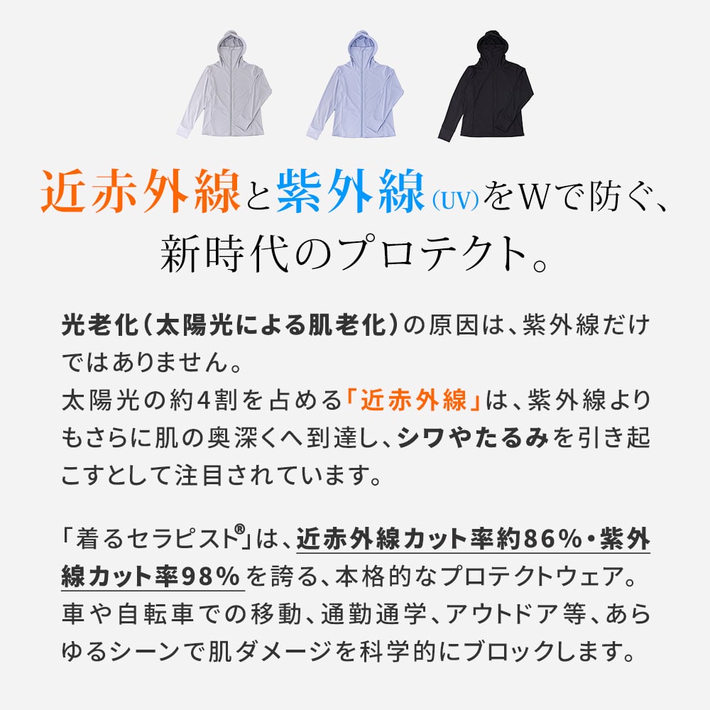 着るセラピストパーカー 日除け 日本製 近赤外線カット86％ 紫外線 UVカット98％ UPF50+ 遮熱 吸水速乾 おしゃれ 薄手 きれいめ かっこいい エイジングケア レディース セーレン ひよけ 涼しい