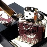 ZIPPO ライター スカル 細密メタル 両面加工 シルバー＆ピンク ジッポ ロゴ ドクロ 裏面柄違い 彫刻 ガイコツ おしゃれ かっこいい メンズ プレゼント ギフト