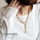ステンレス マンテルネックレス 留め3箇所 ラリエット Y字 アズキチェーン チョーカー ゴールド 2way お洒落 デザイン 流行り シンプル 太め 変形 レディース 女性 金属アレルギー対応