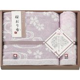 桜おり布 バスタオル ウォッシュタオル セット パープル [26-7533-080] IS9630PU タオルギフト 綿100パーセント 日本製 さくら柄 和風 挨拶 内祝い 出産 快気 香典返し お中元 お歳暮 御祝