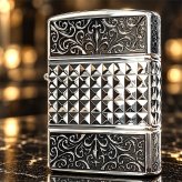ZIPPO アーマー カスタムライン 中世模様 ジッポ ライター 3面加工 細密彫刻 アラベスク 銀 いぶし仕上げ シルバー かっこいい 重厚 高級 おしゃれ メンズ ギフト プレゼント