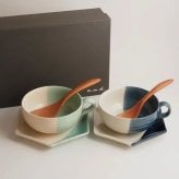 rokurome スープカップ・取皿・れんげスプーンペアセット / true colors line / ギフトボックス＆熨斗付き / 瀬戸焼 食器・プレート【送料無料（北海道・沖縄を除く）】