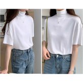 モックネックTシャツ 通販 半袖カットソー ドロップショルダー タートルネック ストレッチ素材 カジュアル 伸縮性 ゆるTシャツ 無地 シンプル 首元カバー 日よけ対策 プルオーバー 春夏秋 無地Tシャツ おしゃれ オシャレ