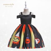 ハロウィン 衣装 子供ドレス 子供用 ハロウィンコスプレ 仮装 魔法使い 可愛い 魔女コスプレ コスチューム ワンピース ミモレ丈 コスプレ衣装 ドレス ハロウィン仮装 オレンジ ブラック カボチャ 女の子 3点セット 110 120 130 140 (WS015)