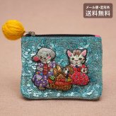 タマオワールド スパンコール刺繍ポーチ Picnic POC3667 ネコポス 送料無料 ポーチ 小物入れ 猫 ネコ ねこ レディース 刺繍 ファスナー スパンコール キーケース ハナカラクサ