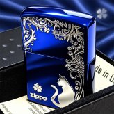 ZIPPO ライター ねこ キャット ジッポ 猫 クローバー 青 ロゴ 四つ葉 かわいい おしゃれ ジッポー ブルー 銀差し ネコ 可愛い 女性 レディース メンズ ギフト プレゼント