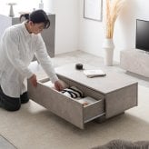 テーブル センターテーブル リビング ロー 机 コンパクト 省スペース 引き出し付き 引出し 収納 大容量 フロート脚 キャスター ノイズレス フラット 高級感 石目調 幅85 コーヒー カフェ アクセント 一人暮らし 無駄を省いたノイズレスなフォルムと