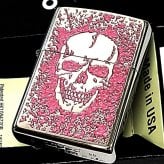 ZIPPO ライター スカル 細密メタル 両面加工 シルバー＆ピンク ジッポ ロゴ ドクロ 裏面柄違い 彫刻 ガイコツ おしゃれ かっこいい メンズ プレゼント ギフト