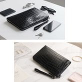 クロコダイル クラッチバッグ メンズ ストラップ付き 薄型 本革 マット加工 レザー ノーブランド セカンドバッグ 結婚式 パーティー 式 ビジネス フォーマル 高級感 長財布収納 小物入れ ワニ革 鰐 クロコ 収納力 4FA (06001995r)