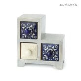 ミニチェスト ステア 3個 ブルータイル エンボスタイル 陶器 引き出し 卓上 木製 小物入れ アンティーク レトロ ブルー ホワイト 青 白 ブラウン ウッド インテリア 整理 収納 小物収納