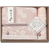桜おり布 バスタオル ウォッシュタオル セット ピンク [26-7533-072] IS9630PI タオルギフト 綿100パーセント 日本製 さくら柄 和風 挨拶 内祝い 出産 快気 香典返し お中元 お歳暮 御祝