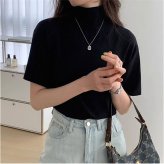 モックネックTシャツ 通販 半袖カットソー ドロップショルダー タートルネック ストレッチ素材 カジュアル 伸縮性 ゆるTシャツ 無地 シンプル 首元カバー 日よけ対策 プルオーバー 春夏秋 無地Tシャツ おしゃれ オシャレ