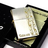 ZIPPO ライター トライバル アラベスク おしゃれ ジッポ シルバーサテン サイドゴールド 唐草 彫刻 かっこいい シンプル レディース メンズ プレゼント ギフト