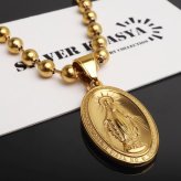 ステンレス マリアネックレス ボールチェーンネックレス ペンダントネックレス ゴールド 18KGP 不思議のメダイ 聖母 重厚感 HIPHOP B系 メンズ 男性 金属アレルギー対応