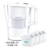 ブリタ ポット型 浄水器 アルーナ 容量2.4L カートリッジ4個付き ろ過水容量1.25L  液晶メモ (交換目安:1日5.3L で4週間 ) 型番:KBALCW4M  サイズ(mm) : 奥行100 横幅249 高さ260mm 実用的