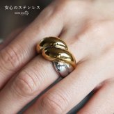 ステンレス ツイストドームリング 18KGP レディース 指輪 コンビカラー ゴールド シルバー ボリュームリング ドームリング ツイストリング バイカラーリング 幅広リング 金属アレルギー対応 大ぶり 存在感 シンプル モード 韓国アクセサリー