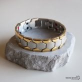ステンレス 磁気ブレスレット 幅18mm メンズ ワイド 六角形 幾何学デザイン バイカラー ボリューム 太め 存在感 大人 カジュアル きれいめ ストリート モード 男性 手元 アクセサリー ファッション 金属アレルギー対応