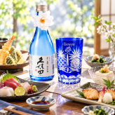 敬老の日 退職 名入れ SXX 酒セット 久保田 千寿 純米吟醸 300ml 瑠璃切子グラスと久保田 千寿のプレミアム酒器セット コサージュ付 ギフトBOX入り /