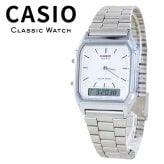 箱なし カシオ 腕時計 メンズ レディース CASIO ホワイト 白 シルバー アナデジ メタル 海外モデル 逆輸入 スクエア レトロ 薄型 デュアルタイム ストップウォッチ アラーム 仕事 通学 誕生日 プレゼント ギフト 成人 卒業 入学