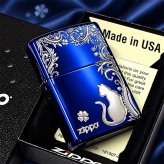 ZIPPO ライター ねこ キャット ジッポ 猫 クローバー 青 ロゴ 四つ葉 かわいい おしゃれ ジッポー ブルー 銀差し ネコ 可愛い 女性 レディース メンズ ギフト プレゼント