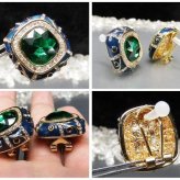 七宝焼グリーン17面カット人工石合金大ぶりピアスシルバー925ポスト