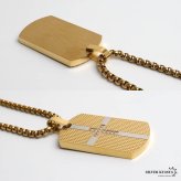 ステンレス ドッグタグネックレス ゴールド クロス メンズ ペンダント 十字架 ストーン プレート タグネックレス 男性用 アクセサリー 金色 バイカラー 格子柄 重厚感 存在感 カジュアル ストリート ヒップホップ 装飾