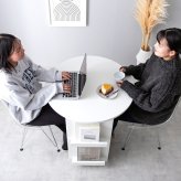 ダイニング家具 ダイニングテーブル ラウンド 丸形 円形 食卓 机 デスク 収納 棚付き コンパクト 省スペース カフェテーブル 丸型 ブックラック マガジンラック 幅72 本 PC 雑誌 来客 食事 作業台 リビング 一人暮らし 1人掛け 2人