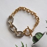 ステンレス お洒落さん マンテルブレスレット 切り返し チェーンブレスレット コンビカラー ゴールド 18KGP デザイン メタル アシンメトリー 大ぶり 小豆 リンク レディース 女性 金属アレルギー対応