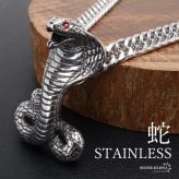 ステンレス スネークネックレス ヘビ ペンダントネックレス ダブル喜平チェーン 6面カット ごつめ シルバー 燻し アニマル ユニーク リアル 鱗 赤目 メンズ 男性 金属アレルギー対応