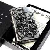 ZIPPO ライター メタル重ね貼り アンティークシルバー 鯉 ジッポ クロームバレル カープ 和柄 日本 おしゃれ かっこいい メンズ 渋い ギフト プレゼント