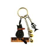 猫 キーホルダー 本革 ピアノ 猫モチーフ 魚の骨 鈴付き レザー バッグチャーム キーリング 音楽 楽器 ねこ ネコ おしゃれ かわいい プレゼント ギフト