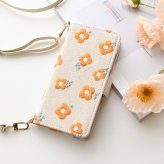 多機種対応 スマホケース 手帳型 【 オレンジ レトロフラワー 刺繍 】 スマホショルダー サイドマグネット ニュアンスカラー
