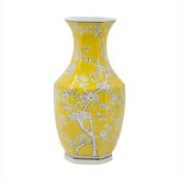 シノワズリ 花びん 六角 高さ36cm イエロー 磁器 フラワーベース 花瓶 花器 ディスプレイ 置物 風水 開運