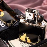ZIPPO ライター ネコ ブラック ゴールド ジッポ 猫 可愛い 黒金 月 薔薇 女性 レディース ねこ かわいい おしゃれ バラ ギフト プレゼント