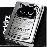 ZIPPO ネコ かわいい 缶にゃん子 ジッポ ライター シルバーサテン おしゃれ 黒猫 レディース プレゼント 女性 ギフト
