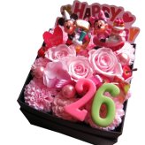 80歳 お祝い 傘寿お祝い 記念日 ミッキー ミニー 花束風 ご希望数字入りプレゼント 箱を開けてサプライズ ボックスフラワー ピンクバラ プリザーブドフラワー入