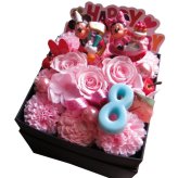 3周年 お祝い 記念日 ミッキー ミニー 花束風 ご希望数字入りプレゼント 箱を開けてサプライズ ボックス ピンクバラ プリザーブドフラワー入り
